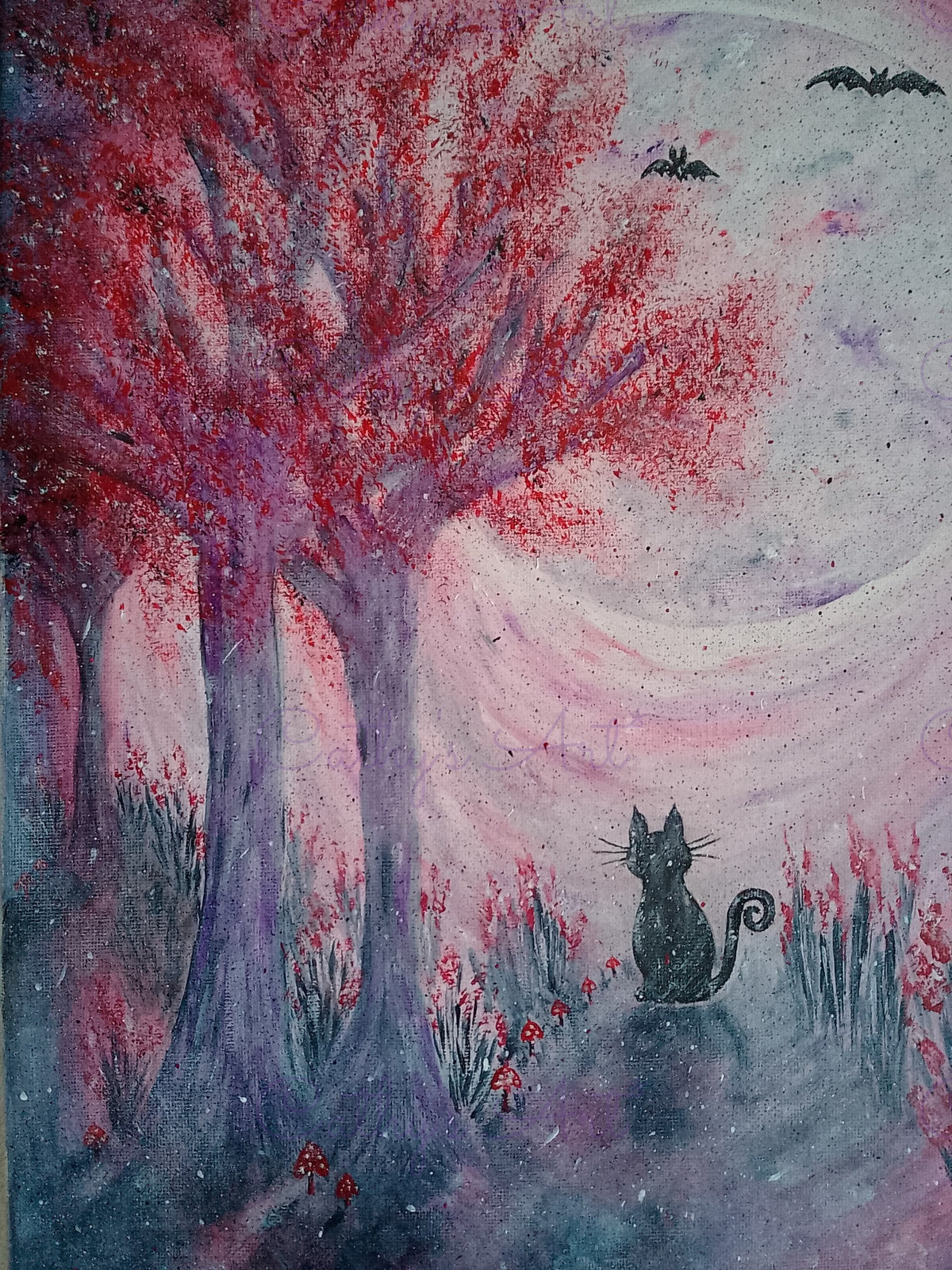 A whimsical fantasy painting of a black cat sitting under a large tree with vibrant red foliage, set in a misty purple and pink landscape with bats flying in the sky. Original canvas painting by Cathy's Art*