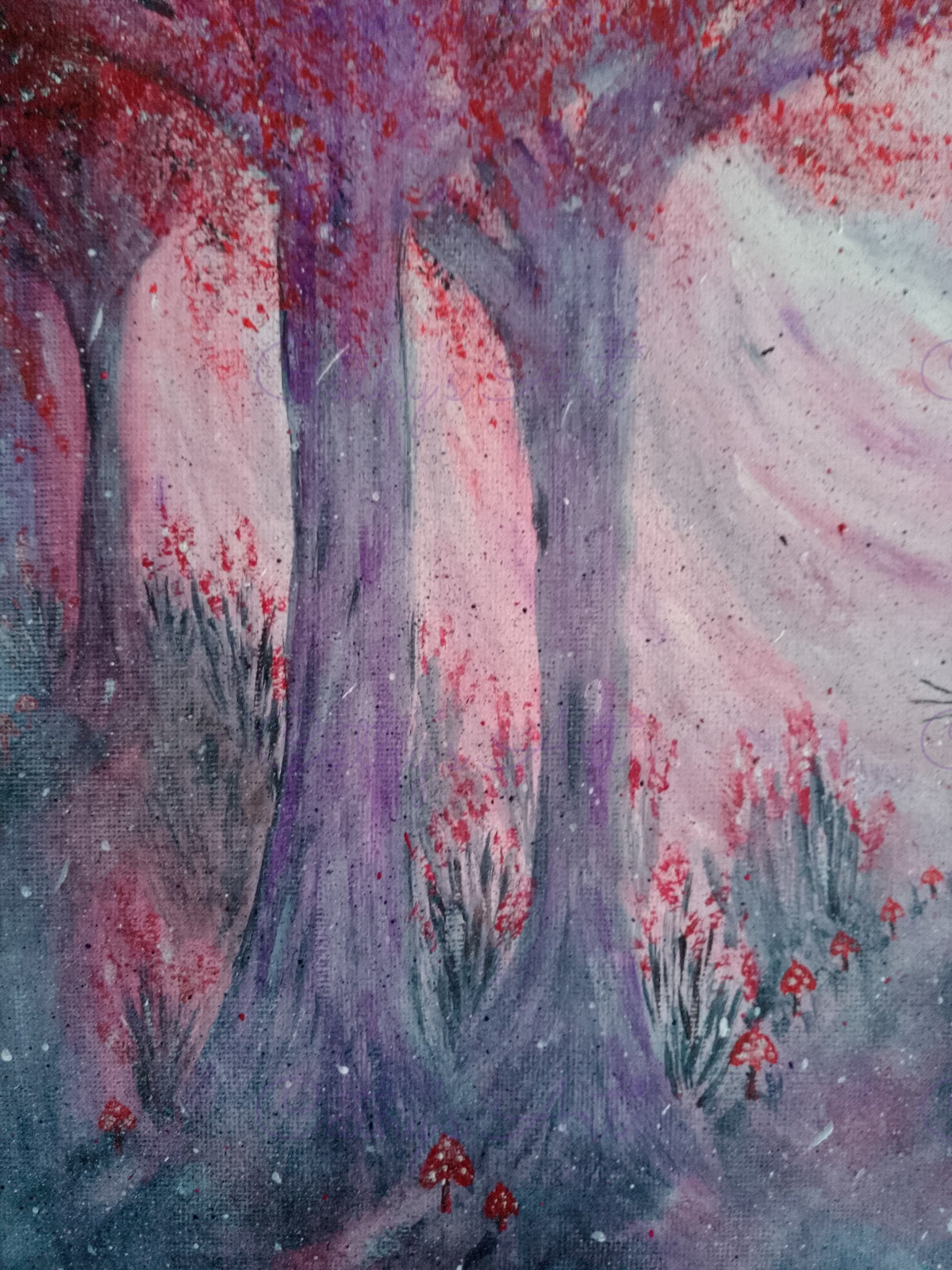 Three purple trees wit red leaves, red flowers and red toadstools on the ground below the trees. Original canvas painting by Cathy's Art*
