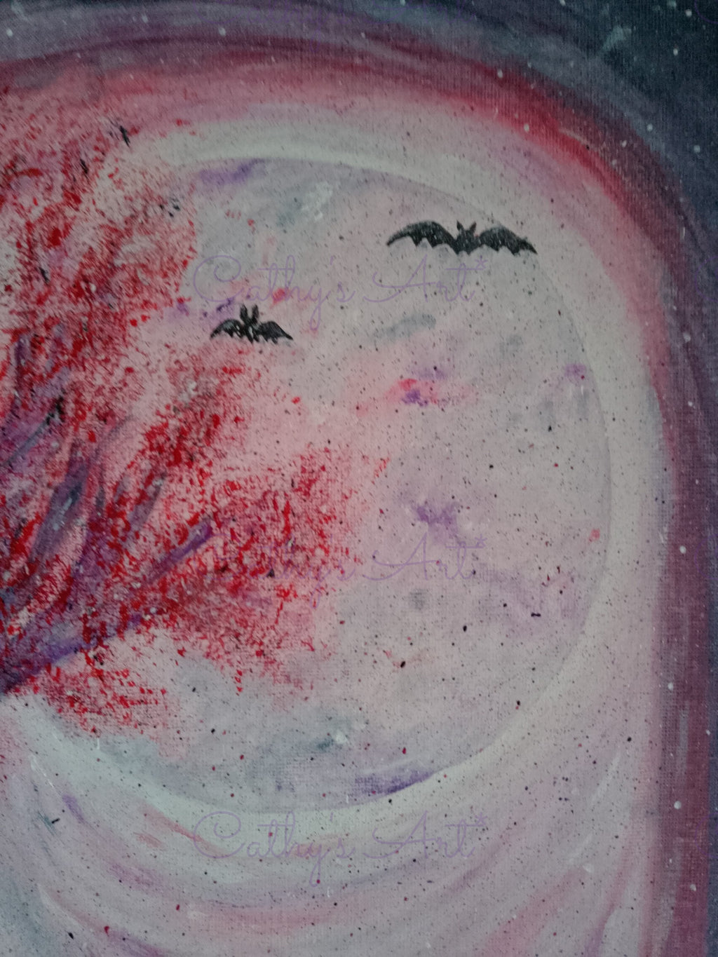 A close up of the moon, with two black bats and part of the red foliage in the tree. Colours of white, red, purples and pink. Original canvas painting by Cathy's Art