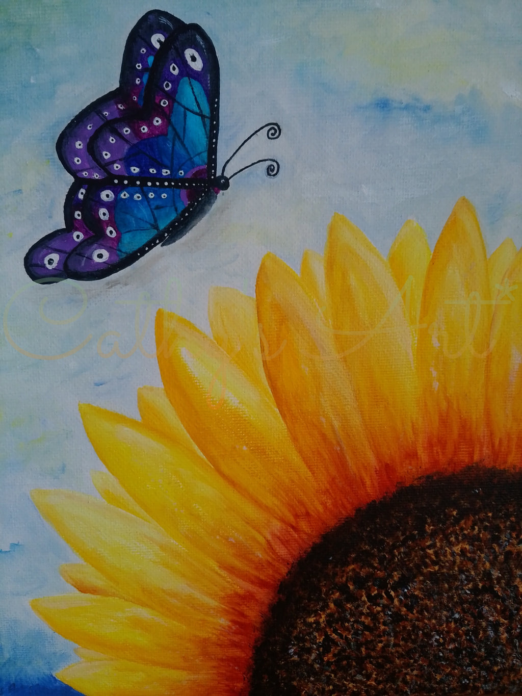 A painted artwork featuring a large yellow sunflower with a dark brown centre and a blue-purple butterfly against a soft light blue background. Original canvas board painting by Cathy's art*