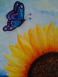 A painted artwork featuring a large yellow sunflower with a dark brown centre and a blue-purple butterfly against a soft light blue background. Original canvas board painting by Cathy's art*