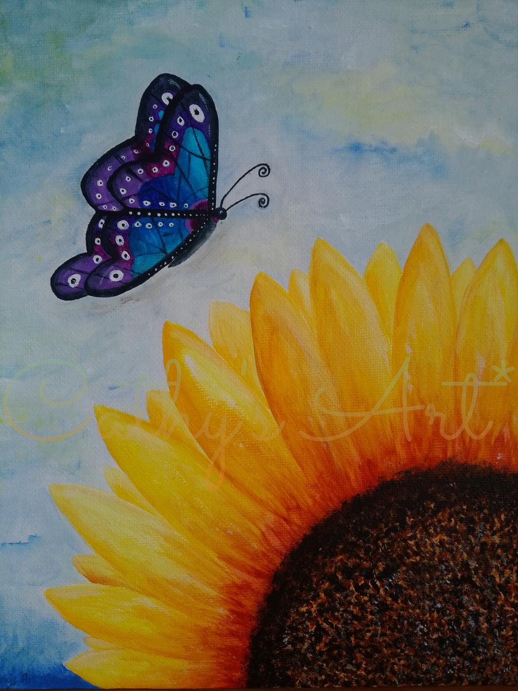 A painted artwork featuring a blue and purple butterfly near a large yellow sunflower against a soft blue sky background. Original canvas board painting by Cathy's Art*