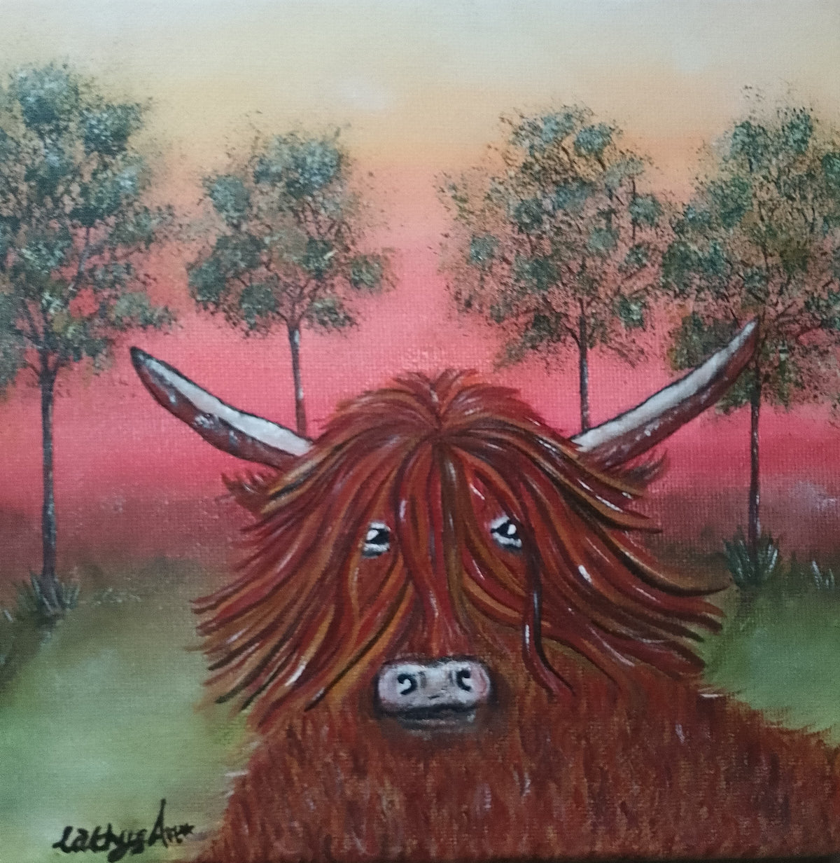 A painted artwork of a shaggy brown Highland cow facing forward, with tall trees and a orange sky in the background. The signature 'Cathy's Art*' appears in the lower left corner. Original acrylic canvas painting by Cathy's Art*