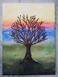The Old Tree, Original acrylic sculptured painting, featuring a tree sculpture against a yellow, orange, blue and green background  by Cathy's Art*