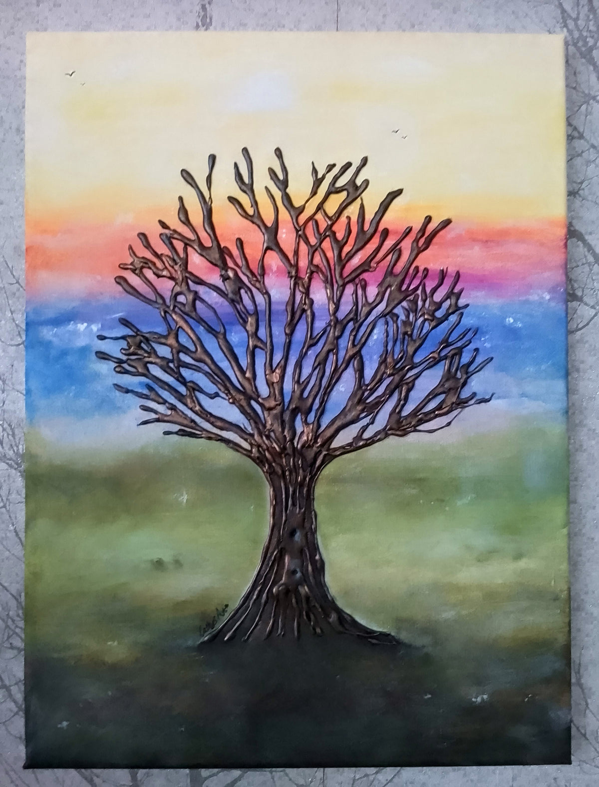 The Old Tree, Original acrylic sculptured painting, featuring a tree sculpture against a yellow, orange, blue and green background  by Cathy's Art*