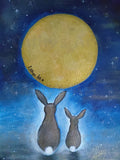 A whimsical painting of two hares seen from behind looking up at a large golden full moon against a starry blue night sky. Original acrylic painting by Cathy's Art*
