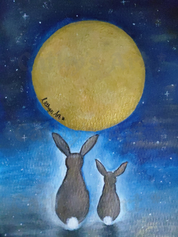 A whimsical painting of two hares seen from behind looking up at a large golden full moon against a starry blue night sky. Original acrylic painting by Cathy's Art*