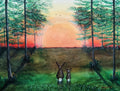 A painted forest scene at sunset with two hares sitting on the grass looking at the sun, tall green trees on both sides, and a large orange sun low on the horizon. Birds fly in the distance. An original acrylic canvas painting by Cathy's Art*