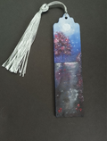 A decorative bookmark with a silver tassel, featuring a hand-painted night landscape scene with a moonlit sky, a red tree, and a reflective path with little red mushrooms, on a dark background. Original acrylic painted bookmark by Cathy's Art*