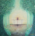 An original acrylic painting of a small cat sitting on a fence in a misty, dream like forest scene with green trees and a soft yellow glow. Original acrylic painting by Cathy's Art*