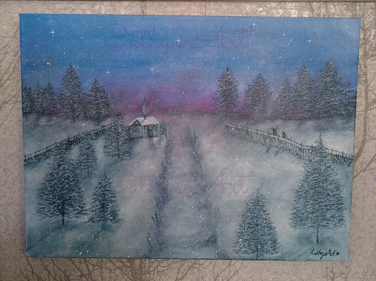 A acrylic canvas painting 12 x 16 inches of a snowy winter landscape at night, featuring a small cottage with a smoking chimney, snow-covered evergreen trees, fences, and a starry blue and purple sky, shown on a grey background. By Cathy's Art* 