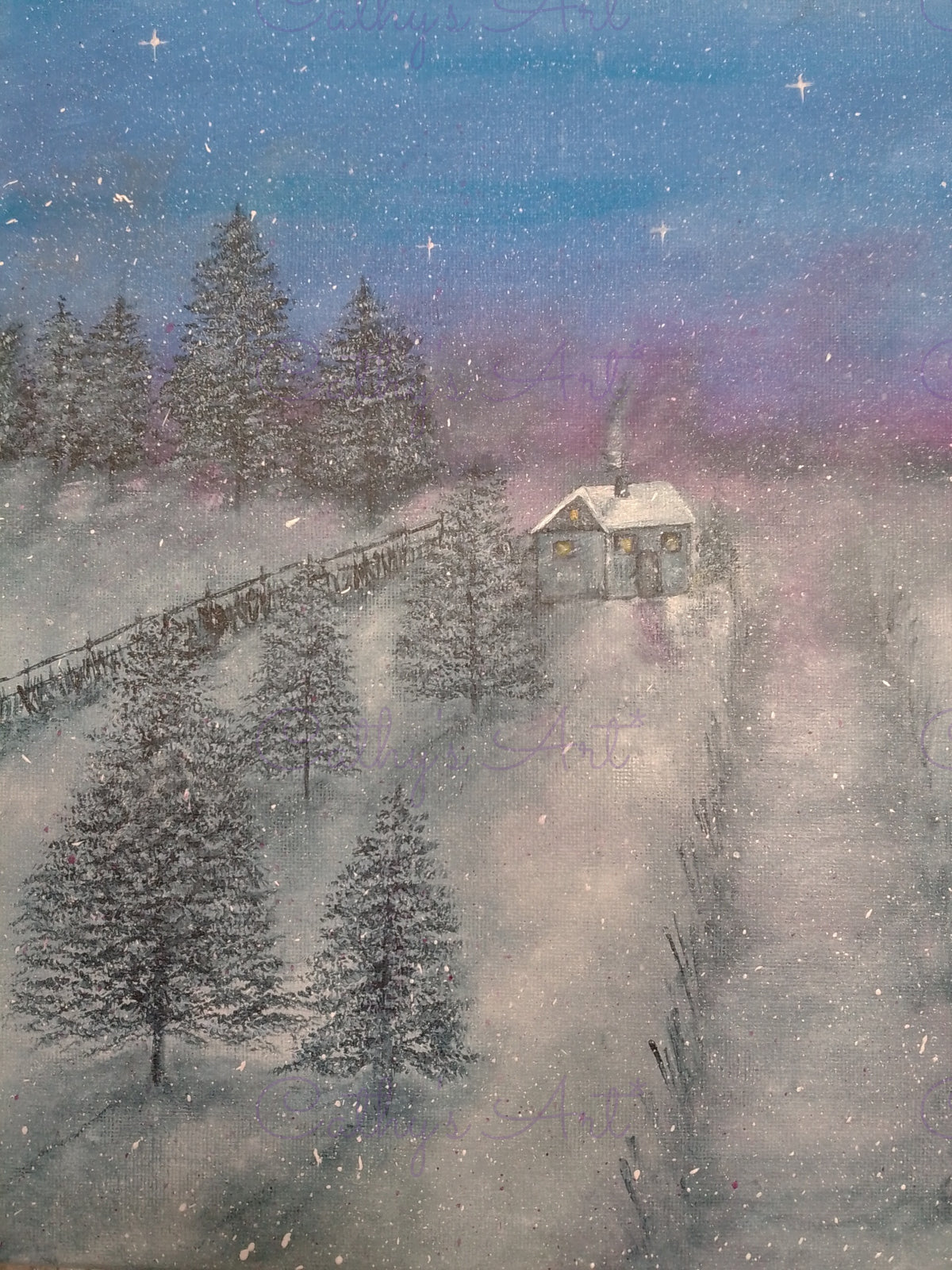 A winter night landscape painting featuring a small snow-covered cabin with a lit window, surrounded by snow-laden pine trees under a starry blue and purple sky. By Cathy's Art*