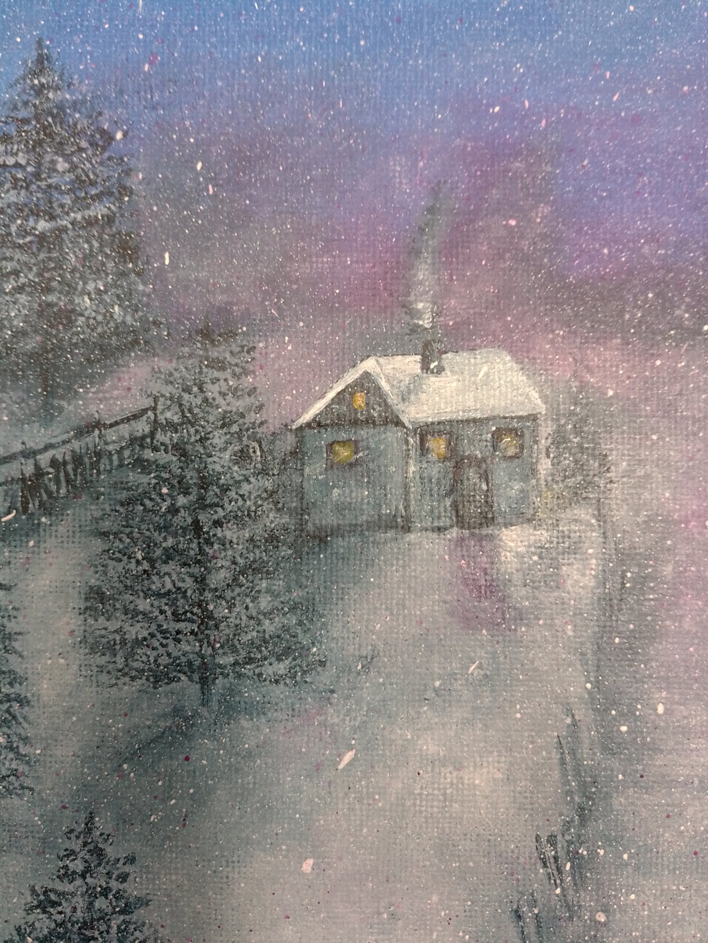 A close up of the cottage in wintery landscape with falling snow, fir trees, a fence and blue purple sky, by Cathy's Art*