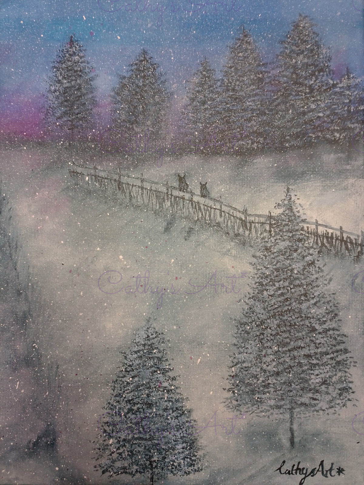 A winter landscape painting featuring snow-covered evergreen trees, a wooden fence, and two owls sitting on the fence in a misty field under a purple and blue sky. Signed 'Cathy's Art*' in the bottom right corner. By Cathy's art*