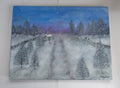 A acrylic canvas painting 12 x 16 inches of a snowy winter landscape at night, featuring a small cottage with a smoking chimney, snow-covered evergreen trees, fences, and a starry blue and purple sky by Cathy's Art* 