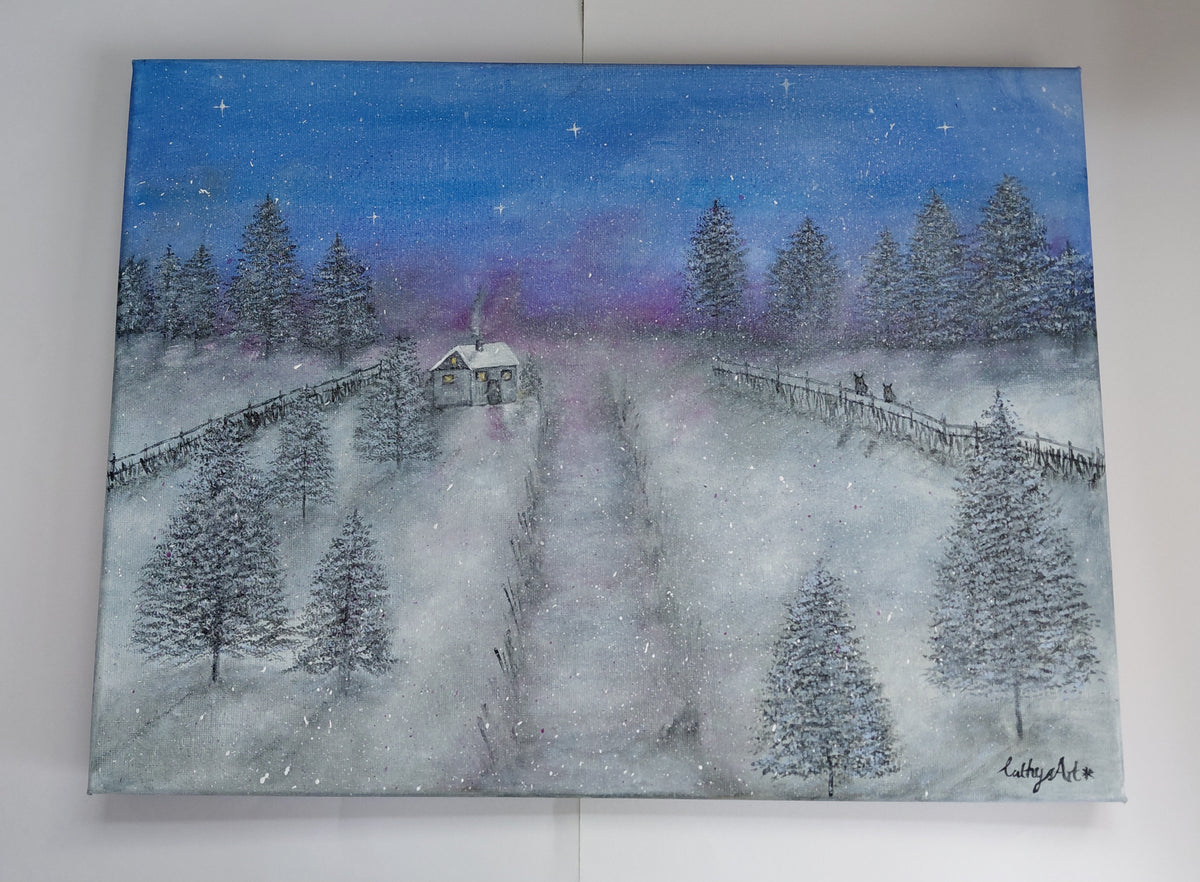 A acrylic canvas painting 12 x 16 inches of a snowy winter landscape at night, featuring a small cottage with a smoking chimney, snow-covered evergreen trees, fences, and a starry blue and purple sky by Cathy's Art* 