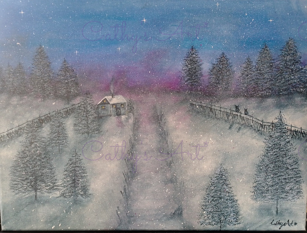 A snowy winter landscape at night, featuring a small cottage with a smoking chimney, snow-covered evergreen trees, fences, and a starry blue and purple sky.  By Cathy's Art*