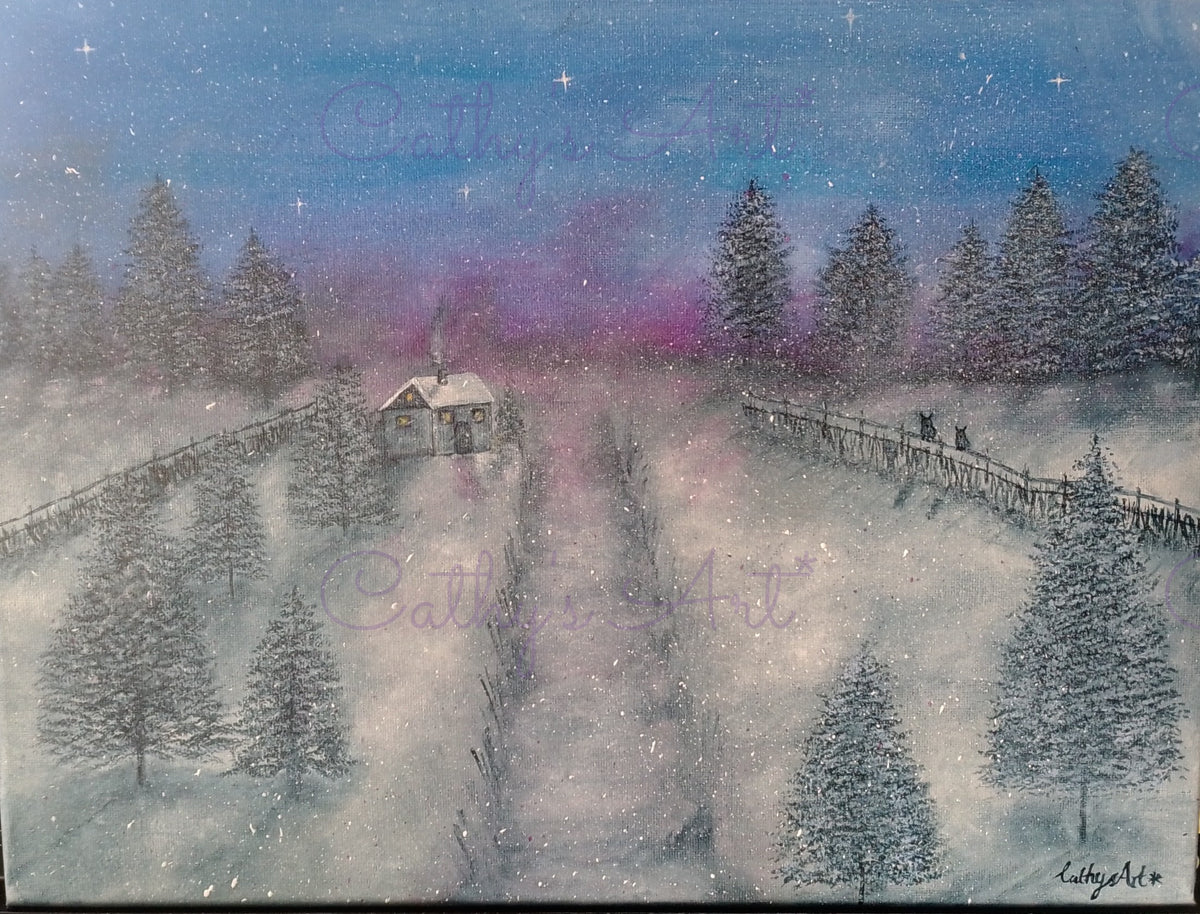A snowy winter landscape at night, featuring a small cottage with a smoking chimney, snow-covered evergreen trees, fences, and a starry blue and purple sky.  By Cathy's Art*