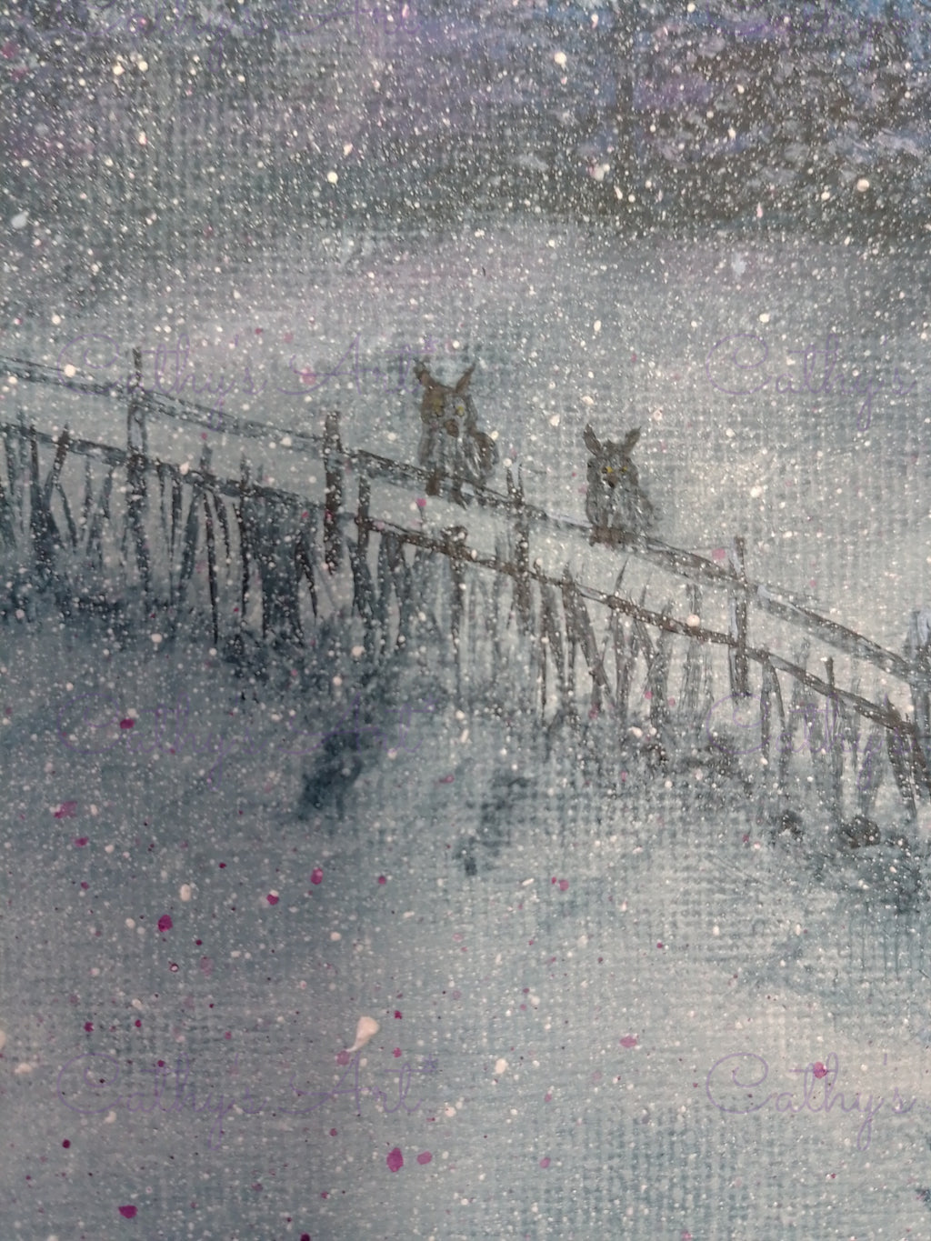 A close up of the two owls sitting on the fence in a wintery landscape. By Cathy's Art*