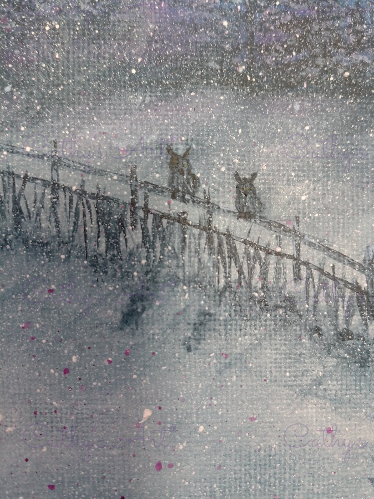A close up of the two owls sitting on the fence in a wintery landscape. By Cathy's Art*