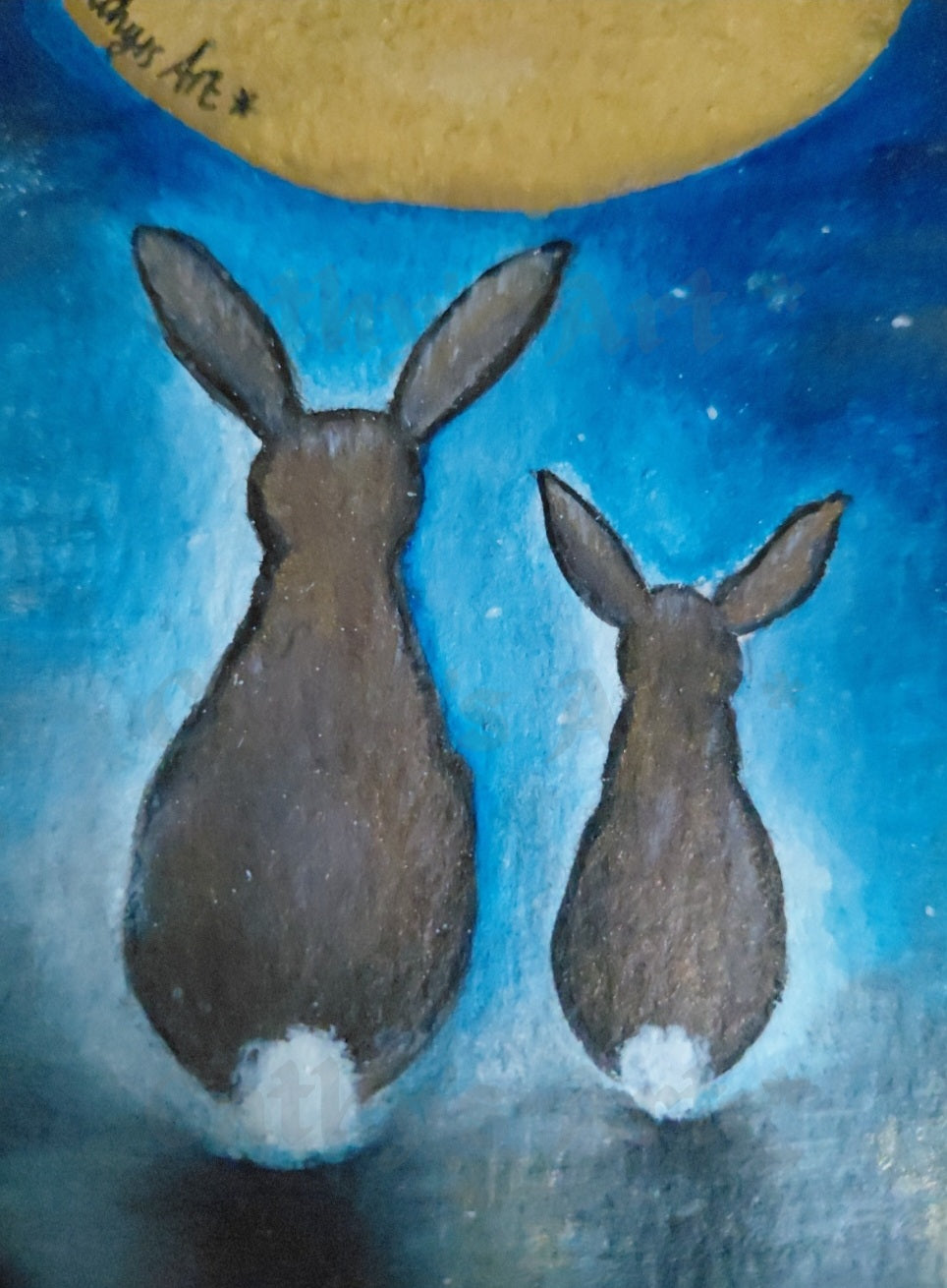 A close up painting of two hare silhouettes seen from behind, standing under a large yellow moon against a blue night sky. Original acrylic painting by Cathy's Art*